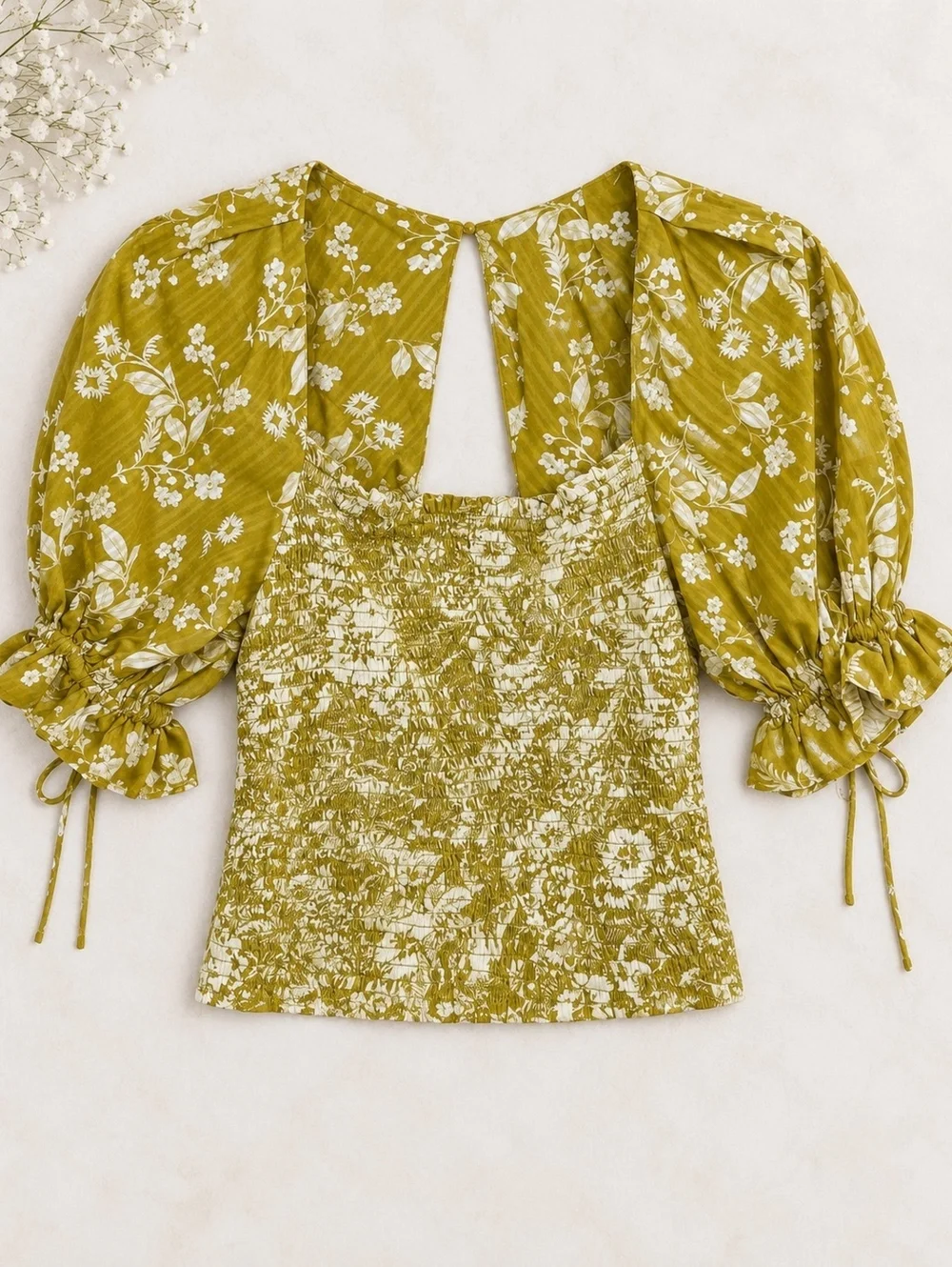 Anthropologie Floral Smocked Puff Sleeve Top Medium Mustard Yellow Boho